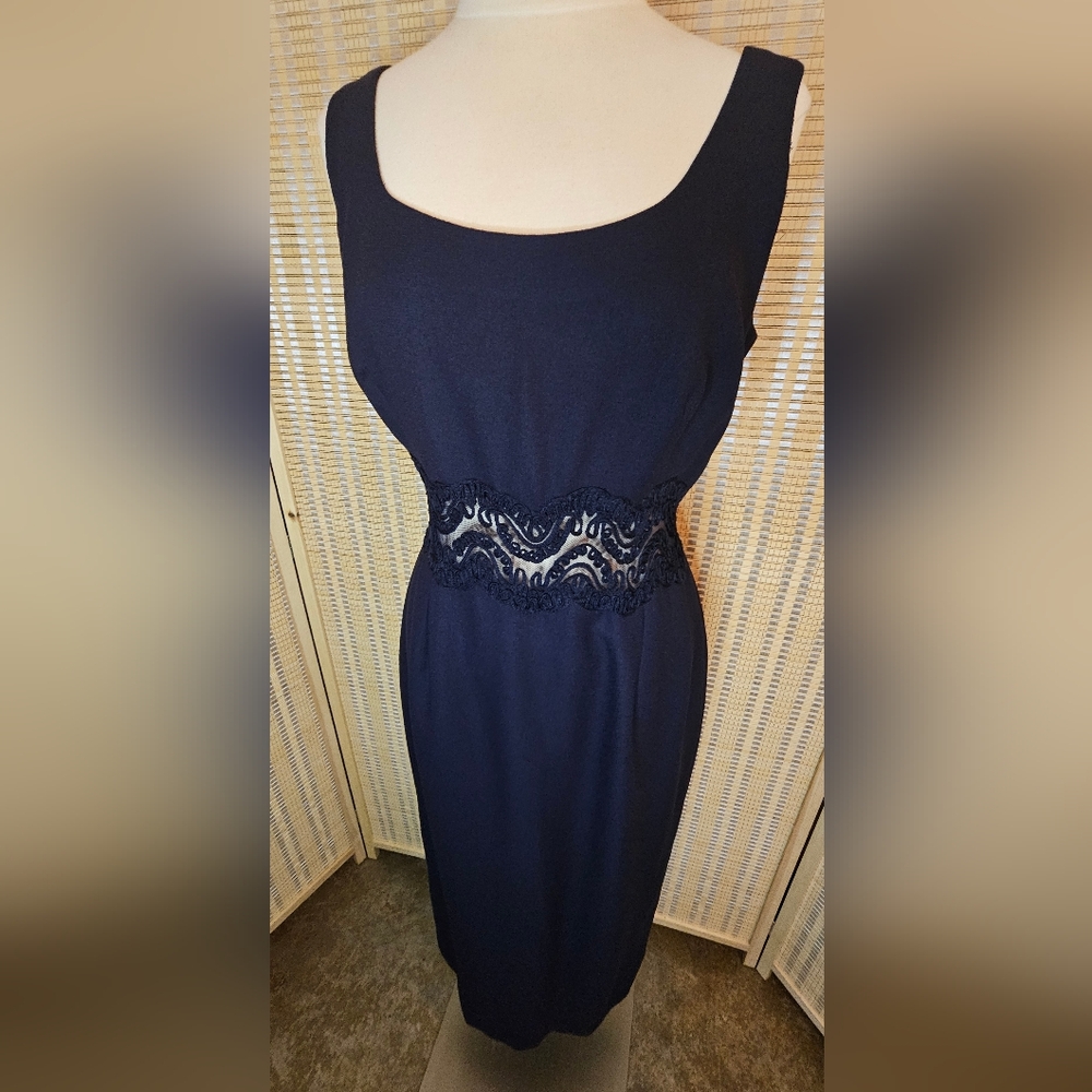 Chic True Vintage Midnight Blue Lace Waist Cutout Wiggle Sheath Dress in Size 12